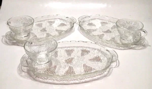 Vtg Anchor Hocking Glass Snack Set 6 Piece Plate & Cup Set Grape Leaf Design - Picture 1 of 12