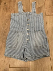 DKNY Girls' 8 Denim Overalls Shorts Pinstripe Buttons Pockets size 8 EUC - Picture 1 of 5