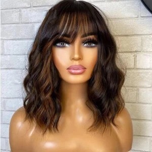 Highlight Brown Human Hair Wig With Bangs Loose Wave Full Machine Made Scalp Top - Picture 1 of 12