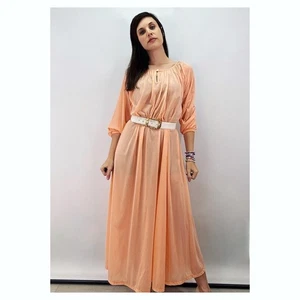 Vintage 70s House Dress Pastel Orange Nylon Sheer Knit Mumu Peasant Sleeve Maxi - Picture 1 of 7