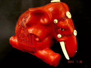 10 1/2" W CHINESE EARLY REPUBLIC LACQUERED WOOD CINNABAR ELEPHANT - Picture 1 of 12