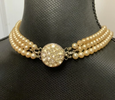 Sarah Conventry VTG Choker Necklace Double Strand Faux Pearls Rhinestone Clasp  - Image 1 of 4