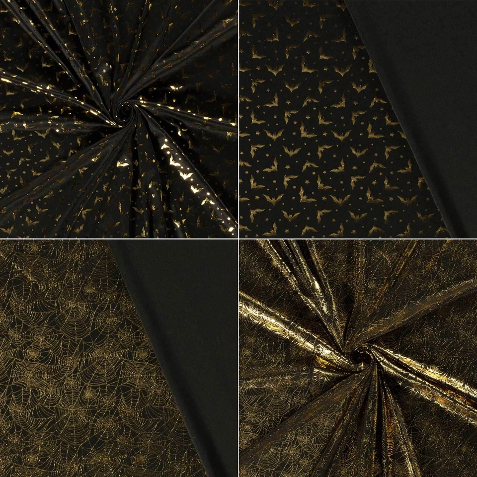 Jersey Halloweenstoff mit goldenen Motiven ab 1m Meterware Effektstoff Motivwahl - Bild 1 von 1