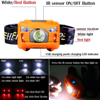 3000 lumens LED infrared sensor portable USB rechargeable camping headlight - Image 1 of 4