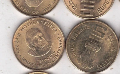 India 5 RUPEES KM-381 2010 Mother Teresa 100 Birth Indian UNC COMMEMORATIVE COIN - Image 1 of 2