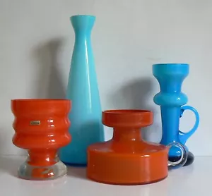 POP ART VASES QUARTET FRIEDRICH + DEERBERG GLASS ORANGE + BLUE SPACE AGE 70S - Picture 1 of 5