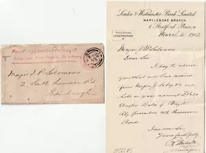 1902 QV 1d ROSA ENV + LETTERA LONDRA & WESTMINSTER BANK EDIMBURGO NEWCASTLE TPO - Foto 1 di 2