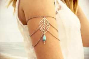 Armband Armstulpe Frühling Boho Kette Silber Blatt Fußkettchen Sommer Urlaub Strand Chic - Bild 1 von 5