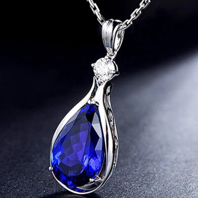925 Sterling Silver Tanzanite Gemstone And CZ Sapphre Pendant Necklace D355 - Image 1 of 4
