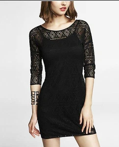 New EXPRESS Geometric Black Lace Round Neck 3/4 Sleeve Sheath Dress Sz S w/ Slip - Picture 1 of 2