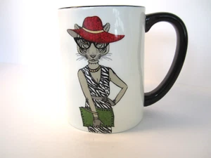 Signature White Dressed up Hipster Cat Lady Black Handle Coffee Tea Mug (352) - Picture 1 of 4