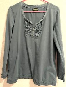 Blusa Camisa Eddie Bauer Mujer Henley XL Larga SLV Corte Crudo Volantes Borde Botones - Imagen 1 de 3