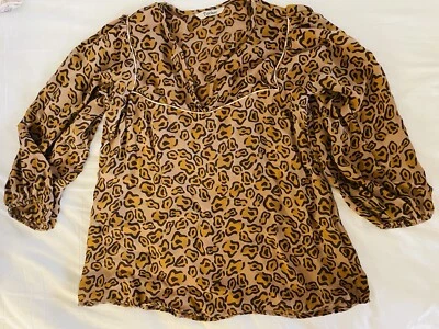 Blusa Tucker Top Pequeña de Seda Camisa Estampado Leopardo Guepardo Manga 3/4 Globo Foto 1 de 4