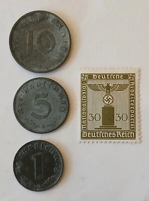 Periodo Posterior 4 Artículos 3er Reich Pequeña Denominación Conjunto de Monedas y Sello Foto 1 de 4
