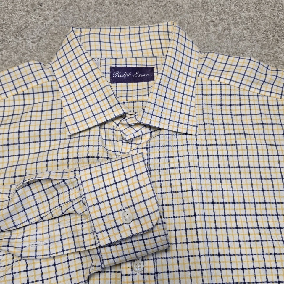 Ralph Lauren Purple Label Men’s Dress Shirt 17 Made in Italy Yellow Blue Check - Image 1 of 4