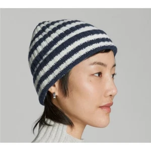 Neu mit Etikett Everlane Unisex Kaschmir Wolle Beanie Mütze marineblau creme gestreift Einheitsgröße - Bild 1 von 4