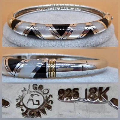 Vtg ASCH GROSSBARDT 18k Gold, Sterling Silver 925 Black Onyx Moonstone Bracelet - Image 1 of 4