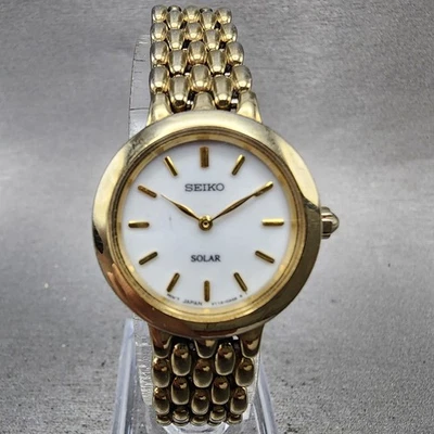 Seiko Solar Watch Women 24mm White Dial Gold Tone Round V114-0AE0 Runs - Image 1 of 4