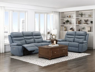 SOFÁ RECLINABLE POWER 2 PIEZAS CUERO GRANO SUPERIOR AZUL SOFÁ LOVESEAT MUEBLES DE SALÓN Foto 1 de 4