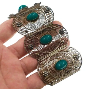 Vintage Middle Eastern Ornate Hand Made Sterling Silver Chrysoprase Bracelet 7 - Picture 1 of 3