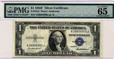 $1 1935F Silver Certificate A29-85-58-00J Fr-1615 PMG65 "Gem Uncirculated" - Image 1 of 2