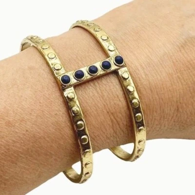 Brazalete Brazalete Marca Lucky Antiguo Oro Azul Cabujón Piedras Muñeca Promedio Foto 1 de 4