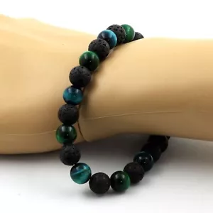 Armband Perlen Tigerauge Grün + Tigerauge Hellblau + Lava - Bild 1 von 7
