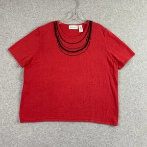 Alfred Dunner Sweater Womens XL Red Coral Beaded Short Sleeve Knit Pullover - Picture 1 of 10