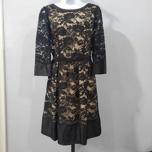 Antonio Melani Lace Overlay Black Beige Satin Trim Cocktail Dress Size 8 - Picture 1 of 7