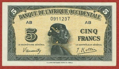 FRENCH WEST AFRICA 14. 12. 1942 5 FRANCS (PICK#28a) CH XF - Image 1 of 2