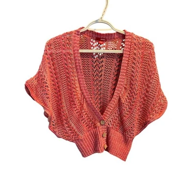 Bongo Cropped Cardigan Open Knit Pink Coral Batwing Sleeve Sweater L/G - Image 1 of 4
