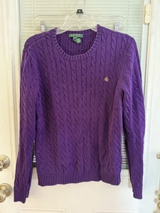 Lauren Ralph Lauren Sweater Purple L Sleeve Cable Knit Crew Neck Yellow LRL Sz L - Picture 1 of 4