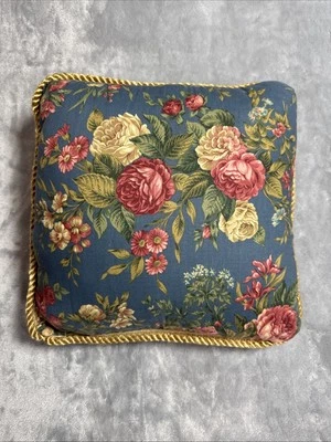 "Almohada vintage azul francés floral 14"" doble cara crema rosa rosas cuerda dorada" Foto 1 de 4