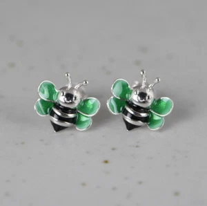I05 Cloisonne Ohrring Ohrstecker Biene mit grünen Flügeln Sterling Silber 925  - Bild 1 von 3
