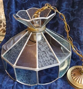Vintage Tiffany style blue stained glass with frosted fronds Chandelier - Picture 1 of 11