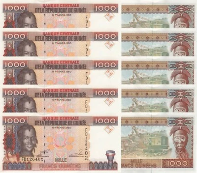 LOT, Guinea 1000 Francs (1998) p37a x 5 PCS UNC - Image 1 of 4