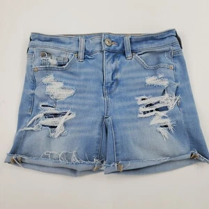 American Eagle The Dream Short Midi Distressed Denim Shorts Women Size 4 Raw Hem - Picture 1 of 15