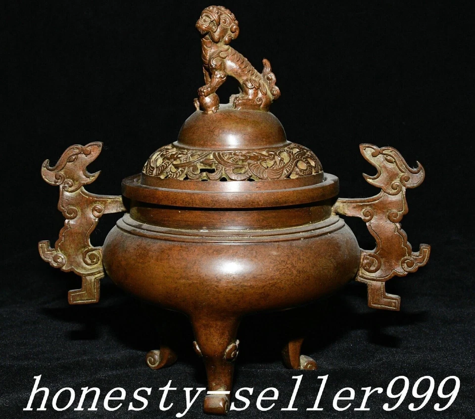 7.8" Antigua Dinastía Púrpura Bronce Dragón Bestia León Animal Quemador Incienso Censario Foto 1 de 4