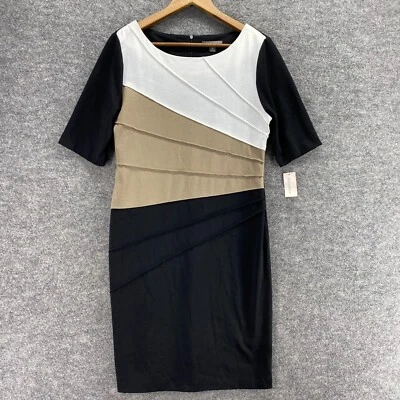 New Roz & Ali Dress Women 8 Black Striped Sheath Midi Zipper Short Sleeve Rayon - Image 1 of 4