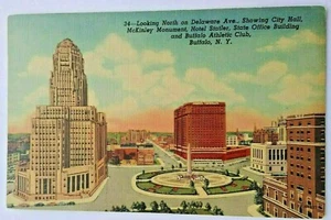 Cartolina New York Delaware Ave. Municipio, Monumento McKinley, Buffalo, NY Linen - Foto 1 di 2