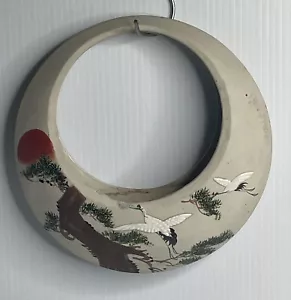Vintage japanische Kabin Ikebana Keramik Vollmond hängende Blume Übertopf mit Vogelszene - Bild 1 von 12