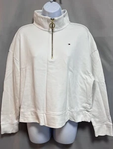 Tommy Hilfiger Jeans Pullover Sweatshirt women's Sz Medium Cropped Quarter Zip - Picture 1 of 12