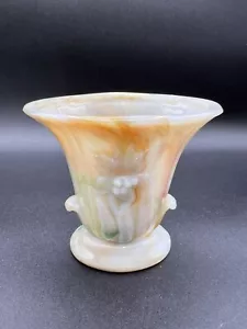 Vintage Akro Agate Slag Glass Orange/Green/Cream Flower Vase Embossed Daffodil - Picture 1 of 10