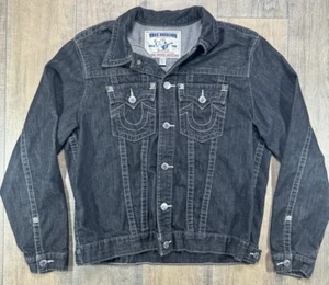 Chaqueta de camionero de mezclilla gris oscuro Y2K True Religion World Tour para mujer talla 2XL EN MUY BUENA CONDICIÓN - Imagen 1 de 14