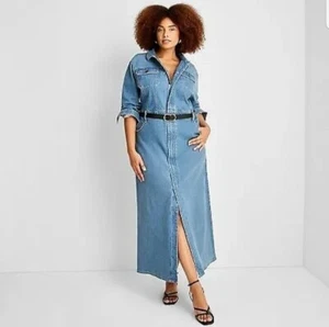 New Women's Lg Sleeve Denim Maxi Shirtdress Size 26 Universal Thread Med Wash - Picture 1 of 4