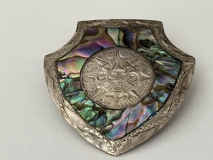 Vtg Jewelry Bolo Tie Sterling Silver Aztec Calendar And Abalone Engraved Mexico - Picture 1 of 13