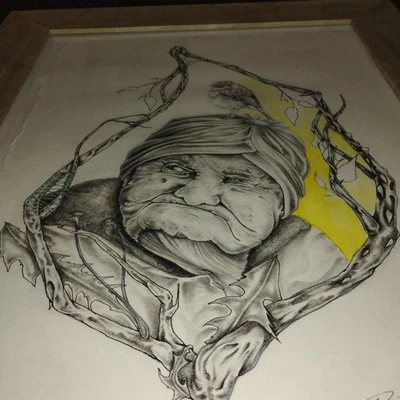 Absolutamente impresionante retrato original. Mujer mayor con pájaro. Firmado. Arte de dibujo Foto 1 de 4