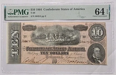 1864 Richmond, VA Confederate $10 Obsolete Banknote Choice Unc PMG 64 EPQ T-68 - Image 1 of 3