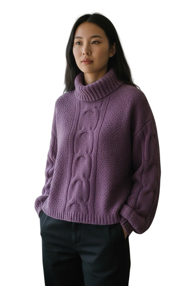 Seven7 粗线针织高领雪尼尔毛衣紫色梅子女式 XL 舒适 — 第 1/4 张图片