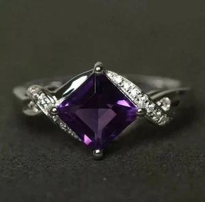 Women's Wedding Ring 14K White Gold Plated 2Ct Princess Cut Lab-Created Amethyst - Picture 1 of 5